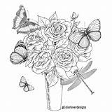 Coloring Stress Flowers Printable Relieving Patterns Rose Pot Dragonfly Butterflies sketch template