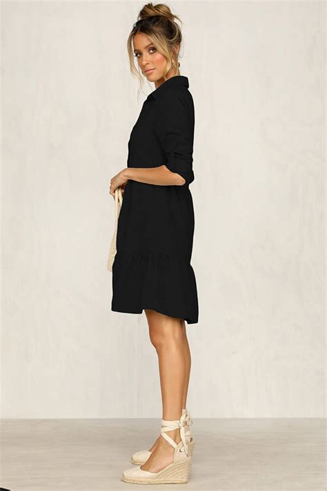 Button Front Midi Dress With Half Sleeve Design Long Sleeve Casual