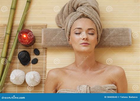 woman  spa stock photo image  pampering ball herb