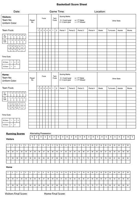 basketball score sheet  printable printable template calendar