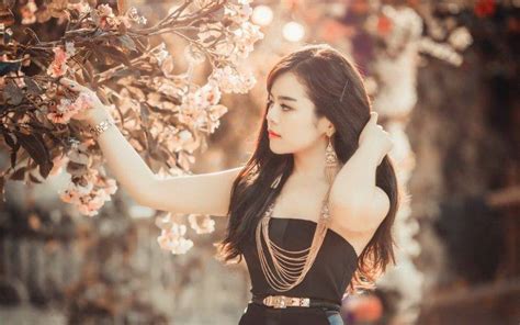 women hair face brunette dress prom asian trees flowers pink black wallpapers hd