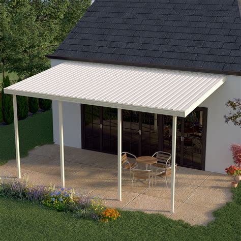 heritage patios    attached aluminum awning tan