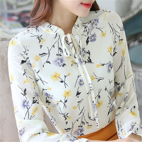 2018 Korean Fashion Flower Print Chiffon Blouse Women Shirt Summer
