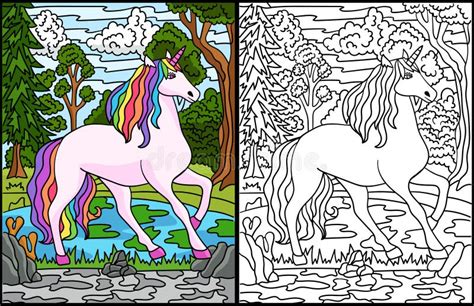 unicorn  forest coloring page  adults colored stock vector