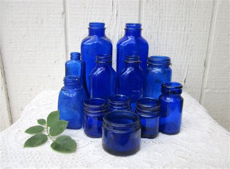 Antique Glass Bottles Vintage Cobalt Blue Jars Rustic Home