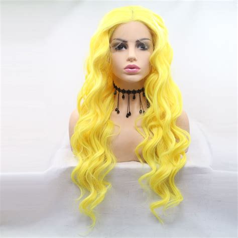 long yellow wavy synthetic lace front wig   uselfwig material  kaneklonwig womenwig