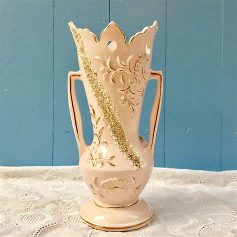 Vintage 1950s Pink Floral Handled Vase Vintage Shabby Chic Pink Vase