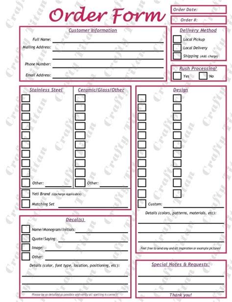 downloadable printable  tumbler order form template printable