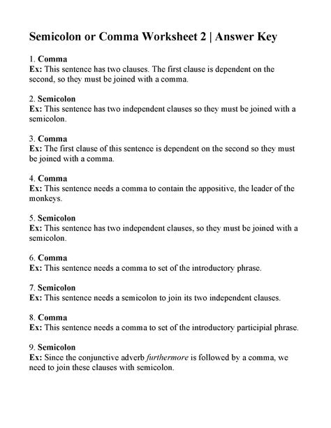 commas  semicolons worksheet  answers