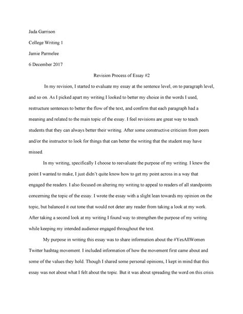 essay revision cover letter  jada garrison college writing  jamie
