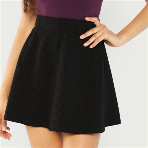 black elastic waist textured skirt preppy plain fit flare