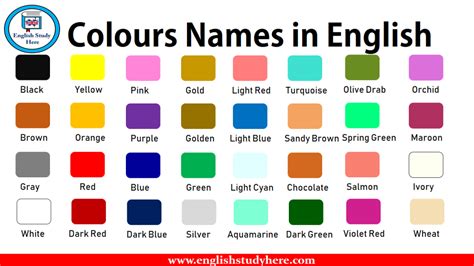 colours names  english english study