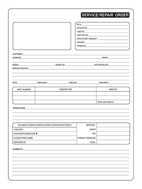 printable auto repair order forms printable form templates