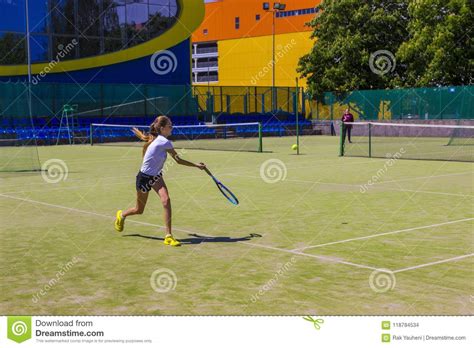 Belarus Minsk 08 06 2018 Girls Playing Tennis Outdoors Amateur