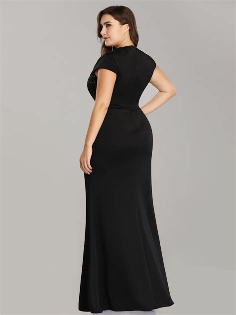 Plus Size Cap Sleeve Beaded Long Black Evening Dress Ever Pretty