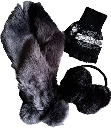 3 Pieces Set Faux Fur Winter Scarves And Earmuff With Matching