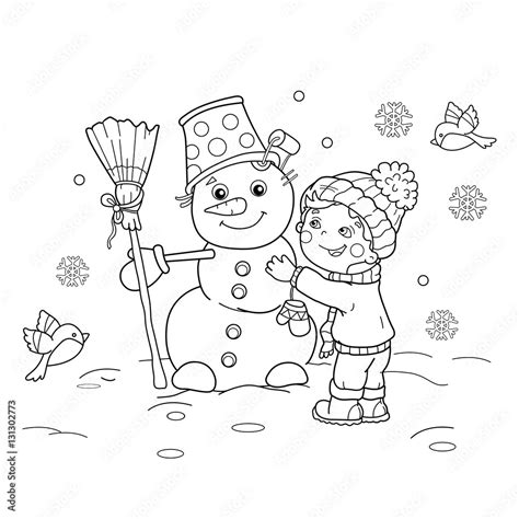 coloring page outline  cartoon boy  snowman winter coloring