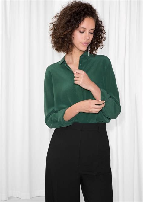 And Other Stories Image 2 Of Straight Fit Silk Shirt In Dark Green Smart
