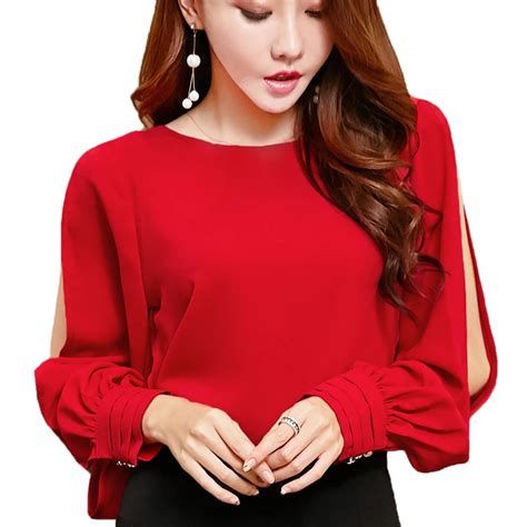 buy elegant office ladies blouses women tops lantern sleeve red shirts female
