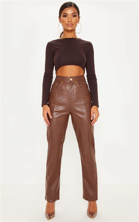 brown faux leather straight leg pant prettylittlething uae