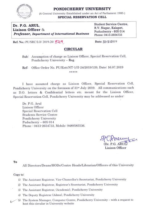 Assumption Of Charge As Liaison Officer Special Reservation Cell