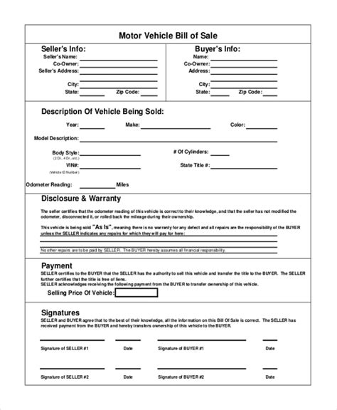 vehicle bill  sale template   word  document downloads