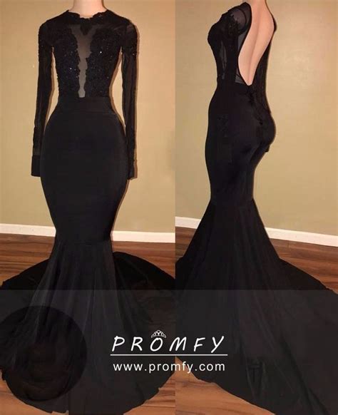 classic black long sleeve   long train dress   black girl prom dresses stunning
