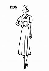 Fashion Coloring Sketches Drawing 1930s Dress Vintage Women Timeline Woman Book Silhouette Books Line Template Pages 1936 Drawings sketch template