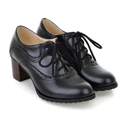 brogue womens oxford lace  wing tip retro mid chunky heel slip