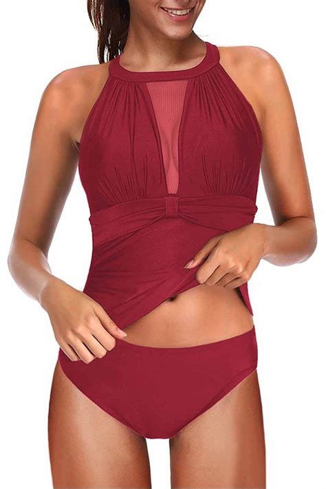 Plus Size Tankinis With Shorts With Plunge Mesh Ruched