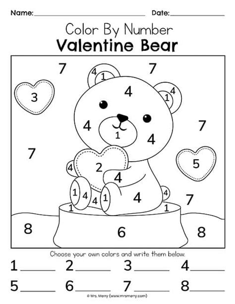 valentines day color  number  printable  merry