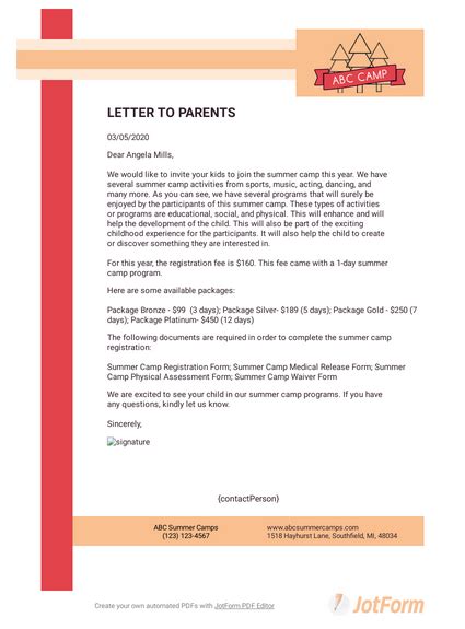 summer camp letter  parents template  templates jotform