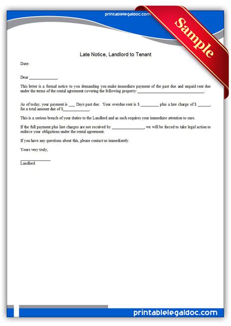 free printable late notice landlord to tenant form generic