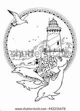 Lighthouse Dolphins Seagulls sketch template