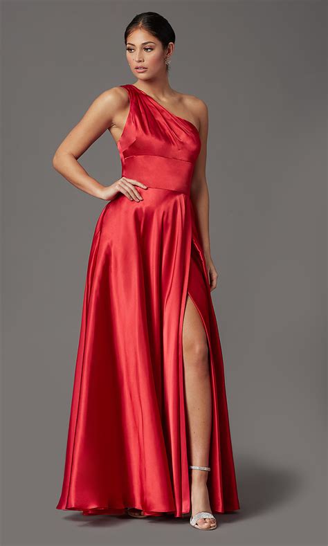 one shoulder satin long red prom dress promgirl