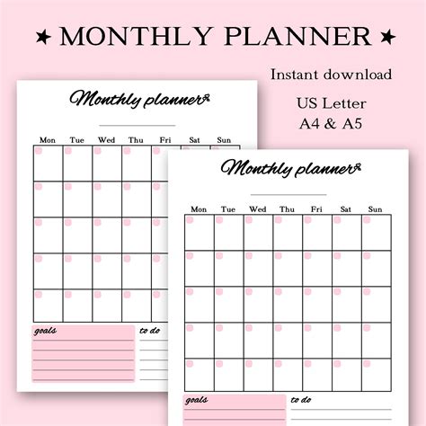 monthly planner printable monthly planner month   etsy