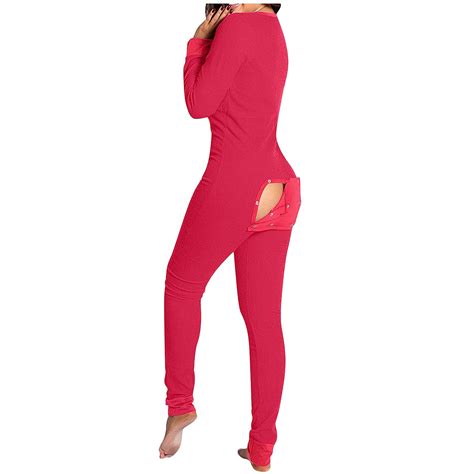 buy womens onesie with butt flap pajamas set long sleeve sleepwear