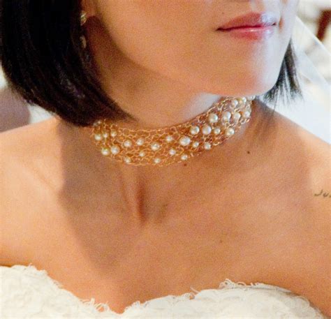 wedding bridal necklace beautiful gold choker delicate lace knit collar modern bride