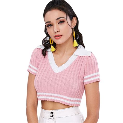 Fashion Marled Sweet Knit V Neck Striped Hem T Shirts 2018 Patchwork
