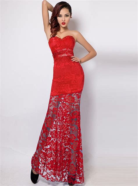 Buy Red Floral Lace Beading Strapless Padded Sexy