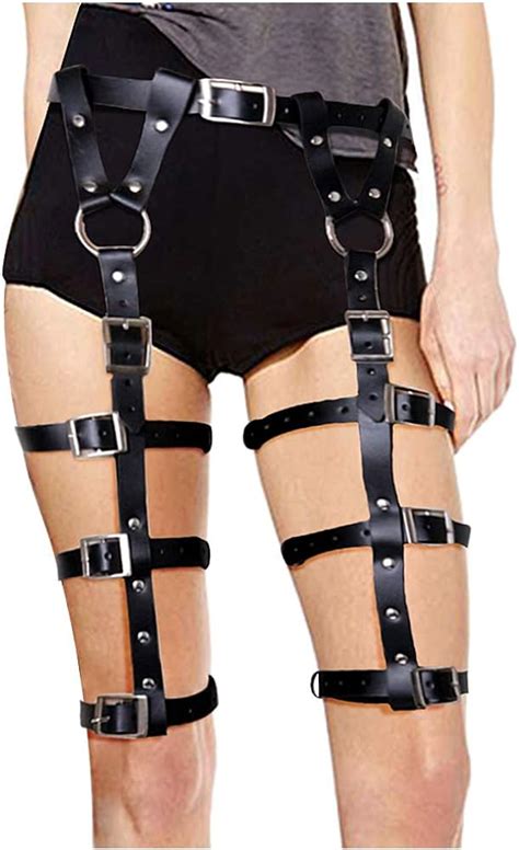 l vow sexy punk black leather harness cage thigh leg garters belt for