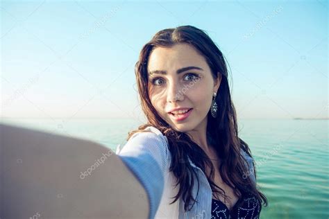 Wet Shirt Selfie Selfie Woman In Wet Shirt At Sea Beach