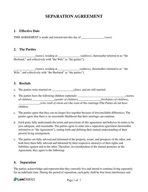 printable separation agreement templates  word