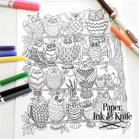 owls roost coloring page printable paper ink knife