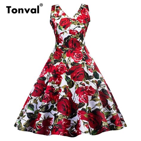 Tonval Red Flowers Print Women Rose Elegant Dress Sleeveless Floral