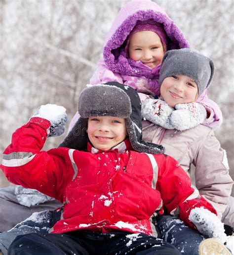 kids  winter stock photo image  frends smiling