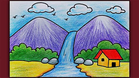 simple landscape scenery drawing  beginners easy waterfall scenery