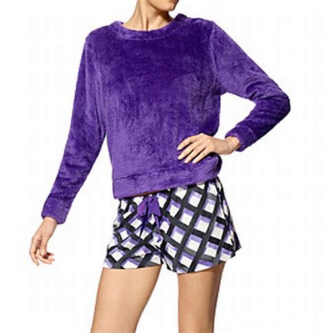 Hue Hue New Purple Womens Size Medium M Fuzzy Plaid Pajama Sets