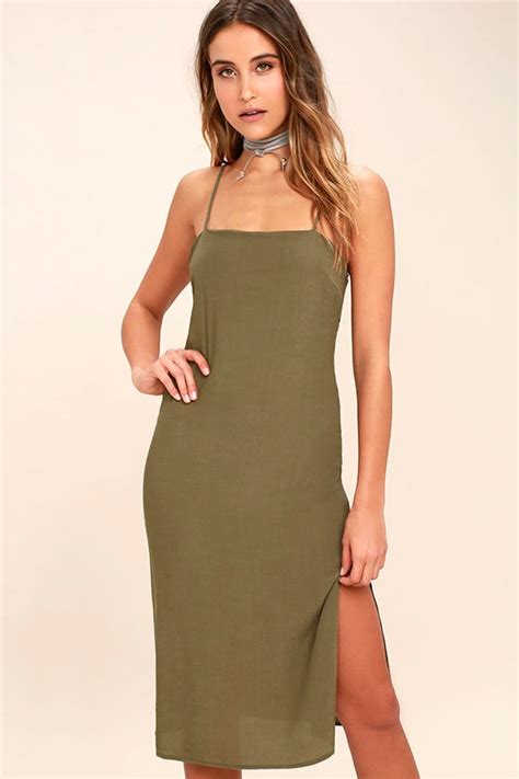chic olive green dress sheath dress midi dress cutout dress 46