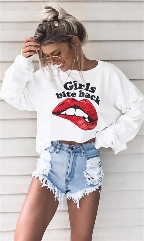 outfit   day printed sweatshirt denim shorts fashion casual outfits cool outfits